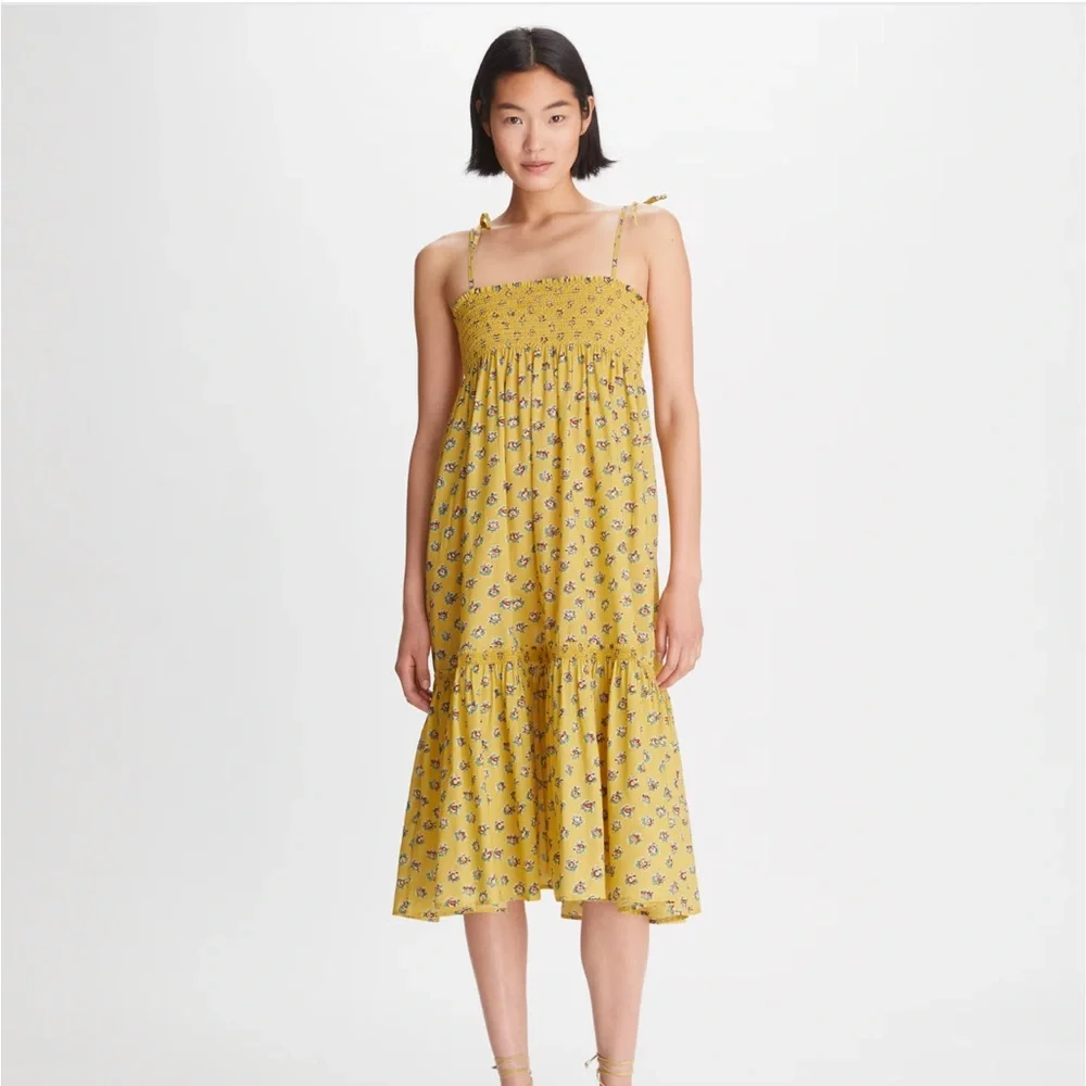 Tory Burch 100% Cotton Smocked Cotton-Voile Skirt Dress Yellow Garden Rose XL